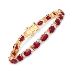 14k Gold Ruby Bracelet, Genuine Ruby Ovals and Diamond Gold Bracelet for Women, 14k Solid Yellow Gold Ruby Tennis Bracelet, July Birthstone
