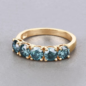 5 Stone Blue Diamond Ring, Diamond Yellow Gold Ring, Blue Diamond, 14K Diamond Ring, April Birthstone Ring, Gift for Women, Bridesmaid Gift