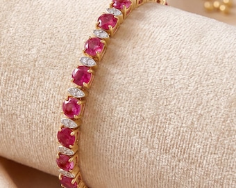 14k Gold Ruby Bracelet, Genuine Ruby Rounds and Diamond Gold Bracelet for Women, 14k Solid Yellow Gold Ruby Tennis Bracelet, July Birthstone