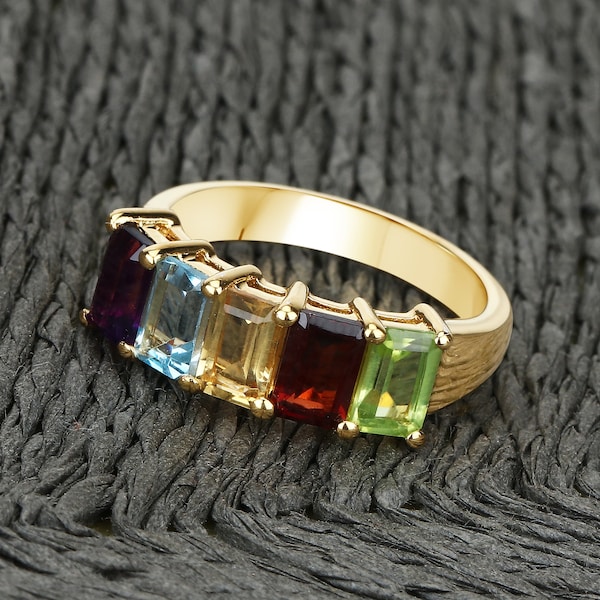 Multi-Gemstone Ring, Natural Amethyst, Topaz, Garnet, Peridot & Citrine Rainbow Ring in 925 Sterling Silver with 14k Yellow Gold Plating