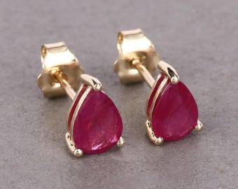 Ruby Studs, 14k Gold Real Ruby Pear Shape Studs, Dainty Stud Earrings, July Birthstone, Bridesmaid Gift for Her