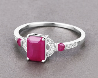 14K Gold Ruby Ring, Natural Ruby and Diamond White Gold Ring, Minimalist Ring, Dainty Ruby Gold Ring, July Birthstone, Engagement Ring