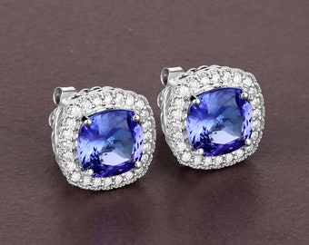 14K White Gold Tanzanite Earrings, Genuine Tanzanite Cushion-Cut and Diamond Stud Earrings, December Birthstone, 14k Tanzanite Stud Earrings