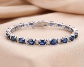 14k Gold Blue Sapphire Tennis Bracelet, Genuine Blue Sapphire Ovals and Diamond White Gold Bracelet for Women, September Birthstone Gift