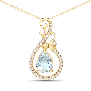 14k Gold Aquamarine Pendant, Genuine Aquamarine and Diamond Swan Pendant Necklace 14k Gold for Women, March Birthstone, Minimalist Pendant