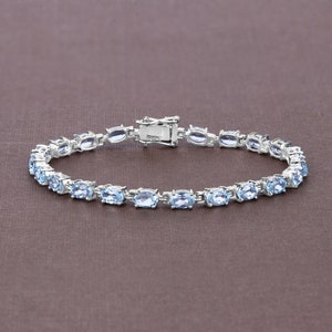 Blue Topaz Bracelet, Natural Blue Topaz Bracelet, Blue Topaz Oval Sterling Silver Tennis Bracelet, December Birthstone Bracelet