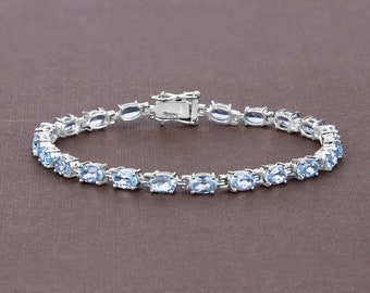 Blue Topaz Bracelet, Natural Blue Topaz Bracelet, Blue Topaz Oval Sterling Silver Tennis Bracelet, December Birthstone Bracelet