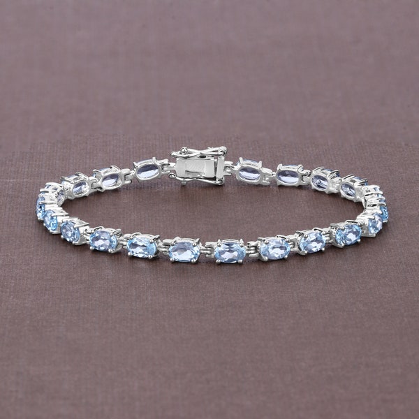 Blue Topaz Bracelet, Natural Blue Topaz Bracelet, Blue Topaz Oval Sterling Silver Tennis Bracelet, December Birthstone Bracelet