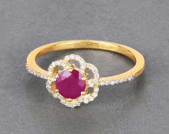 14K Gold Ruby Ring, Natural Ruby and Diamond Yellow Gold Ring, Minimalist Ring, Dainty Ruby Gold Ring, July Birthstone Ring, Promise Ring