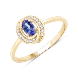 14k Gold Tanzanite and Diamond Ring, Genuine Tanzanite Diamond Minimalist Ring, Dainty 14k Gold Tanzanite  with Diamonds Ring, Promise Ring