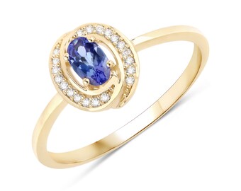 14k Gold Tanzanite and Diamond Ring, Genuine Tanzanite Diamond Minimalist Ring, Dainty 14k Gold Tanzanite  with Diamonds Ring, Promise Ring