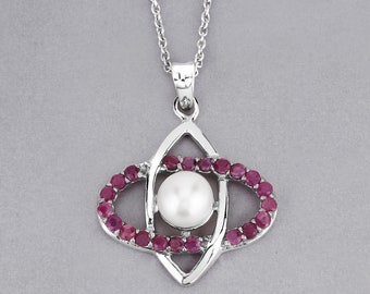 Ruby Pendant, Natural Ruby and Pearl Crossover Silver Pendant, Ruby Oval Shape Pendant Necklace for Women, June Birthstone Pendant