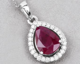 Ruby Pendant, Natural Ruby and White Diamond Teardrop Pendant, 14K White Gold Ruby Pear Shape Pendant, July Birthstone, Wedding Gift