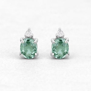 Green Sapphire Earrings, Natural Green Sapphire & Diamond Stud Earrings, .925 Sterling Silver, September Birthstone, Green Gemstone Earrings