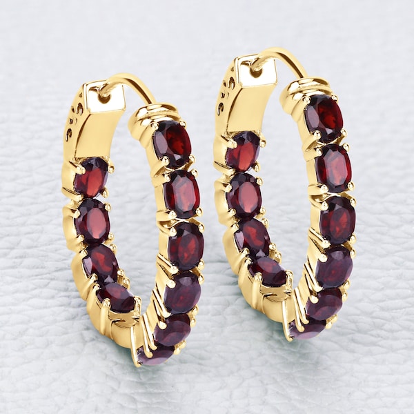 Garnet Earrings, Genuine Garnet Hoop Silver Gold Plated Earrings for Women, Natural Red Gemstone Earrings, Bridesmaid Gift for Her