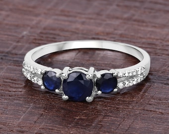 14K Gold Blue Sapphire Ring, Natural Blue Sapphire 3-Stone Ring, White Gold Sapphire Ring, Blue Gemstone Ring, Blue Sapphire Gold Ring