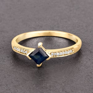 Natural Blue Sapphire Bridge Ring in 14k Gold, Square Cut Genuine Sapphire Diamond Ring, Minimalist Gold Ring, 14Kt Gold, Bridesmaid Gift