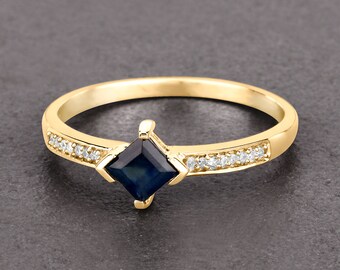 Natural Blue Sapphire Bridge Ring in 14k Gold, Square Cut Genuine Sapphire Diamond Ring, Minimalist Gold Ring, 14Kt Gold, Bridesmaid Gift