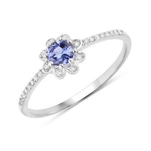 14k Gold Tanzanite and Diamond Ring, Genuine Tanzanite Diamond Minimalist Ring, Dainty 14k Gold Tanzanite  with Diamonds Ring, Promise Ring