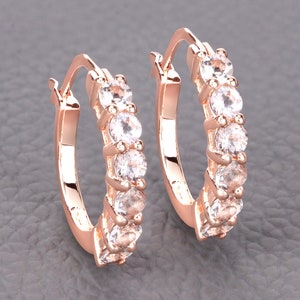 Morganite Earrings, Genuine Peach Morganite 18K Rose Gold Sterling Silver Earrings, Morganite Hinged Hoop Earring for Women, Bridesmaid Gift