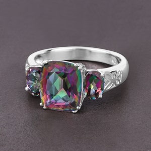 Mystic Topaz Ring, Genuine Mystic Topaz Sterling Silver Ring for Women, Mystic Topaz 3 Stone Silver Ring, Gift for Her