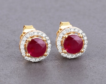 14K White Gold Ruby Earrings, Genuine Ruby and Diamond Yellow Gold Stud Earrings, July Birthstone Earrings, Minimalist Earring, Gift for Her