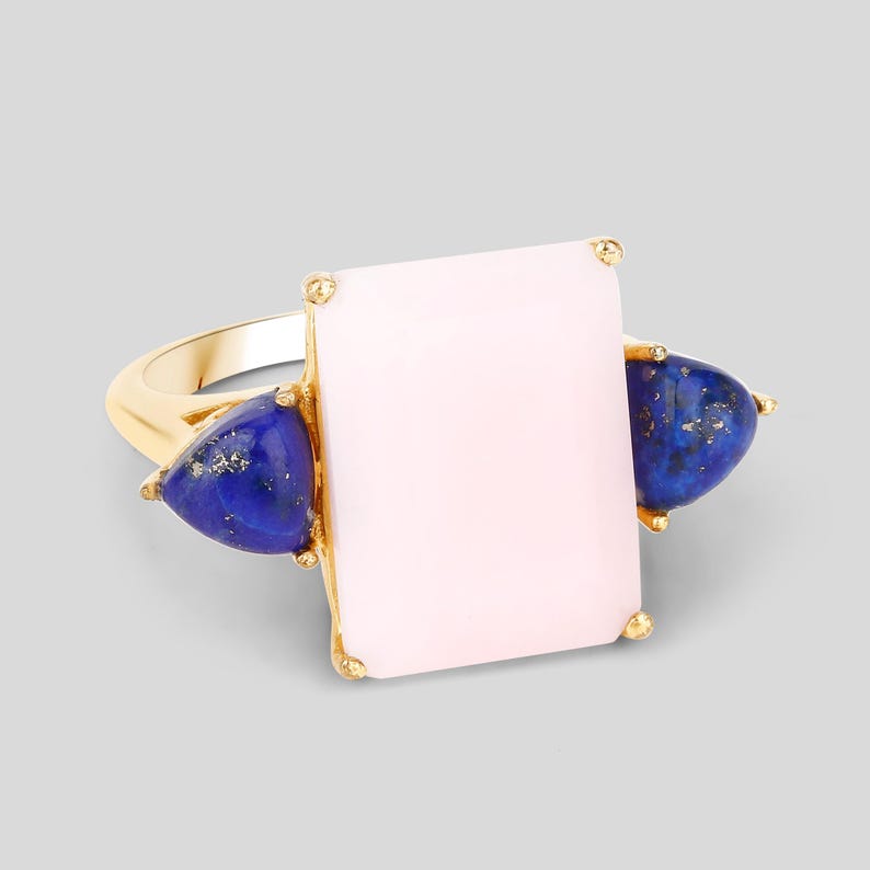 Pink Opal Ring, Natural Pink Opal & Lapis 3-Stone Cocktail Ring, .925 Sterling Silver Yellow Gold Plated, Pink Gemstone Ring, Gift for Wife bild 6