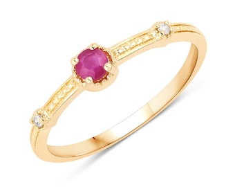 14k Gold Ruby & Diamond Ring, Genuine Ruby Ring with Diamonds, Dainty Ruby Rings 14K Yellow Gold, Minimalist Ruby Ring, July Birthstone Ring