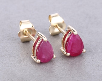 Ruby Studs, 14k Yellow Gold Natural Ruby Pear Shape Studs, Dainty Stud Earrings, July Birthstone, Bridesmaid Gift for Her