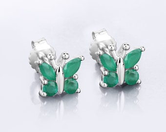 Emerald Earrings, Genuine Emerald Sterling Silver Stud Butterfly Earrings, Dainty Butterfly Emerald Earrings, Bridesmaid Gift, Gift for Her