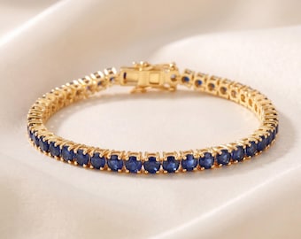 14k Gold Sapphire Bracelet, Real Blue Sapphire Rounds Yellow Gold Bracelet for Women, Gold Blue Sapphire Tennis Bracelet, Anniversary Gift