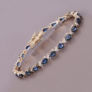 Real Blue Sapphire and Diamond Tennis Bracelet, 14k Gold Sapphire Bracelet, Genuine Blue Sapphire Pears and Diamond Gold Bracelet for Women