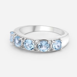 Real Blue Topaz Ring, 5 Stone Blue Topaz Ring, Silver Blue Topaz Right Hand Ring, 925 Sterling Silver, December Birthstone Ring