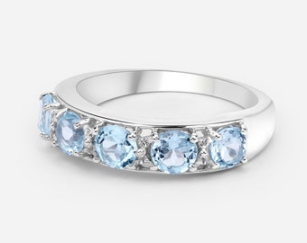 Real Blue Topaz Ring, 5 Stone Blue Topaz Ring, Silver Blue Topaz Right Hand Ring, 925 Sterling Silver, December Birthstone Ring