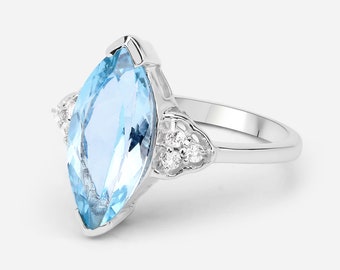 Blue Topaz Ring, Natural Blue Topaz Marquise Ring, Cocktail Ring, Sterling Silver Ring, December Birthstone Ring