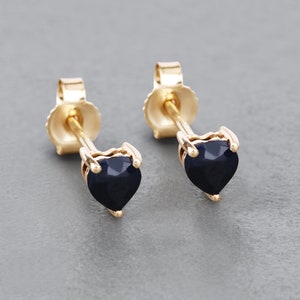 14K Solid Yellow Gold Sapphire Earrings, Natural Midnight Black Sapphire Hearts Stud Earrings, September Birthstone Earrings
