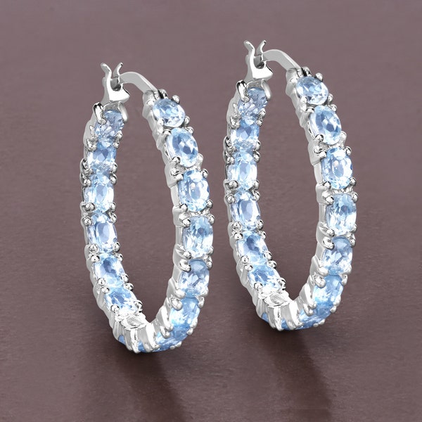 Blue Topaz Earrings, Genuine Blue Topaz Earrings Sterling Silver, Blue Topaz Earrings for Women, December Birthstone Hoop Earrings for Her