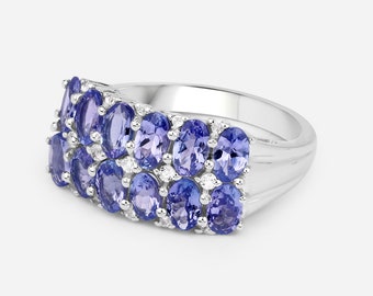 Tanzanite Ring, Real Tanzanite Cluster Ring in .925 Sterling Silver with Rhodium Plating, for Women, December Birthstone