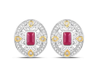 Ruby Earrings, Genuine Ruby - White Diamond Two-Tone Sterling Silver Earrings, Natural Red Ruby Earrings for Women, Anniversary Gift