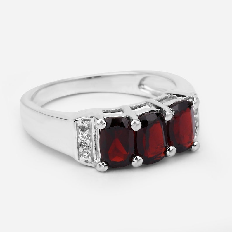 Garnet Silver Ring, Natural 3-Stone Garnet Ring in 925 Sterling Silver, Mozambique Garnet Silver Ring, January Birthstone Ring