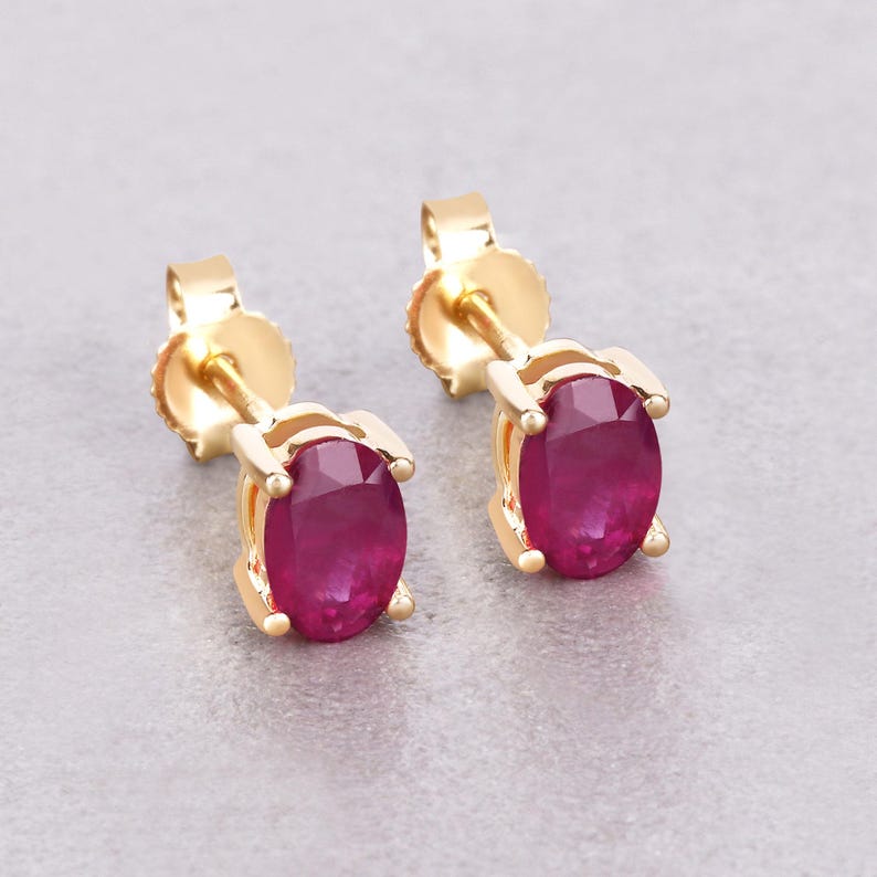 Ruby Earrings, Ruby Studs, Genuine Ruby 10K Yellow Gold Studs, Ruby Oval Earrings, July Birthstone, Anniversary Gift