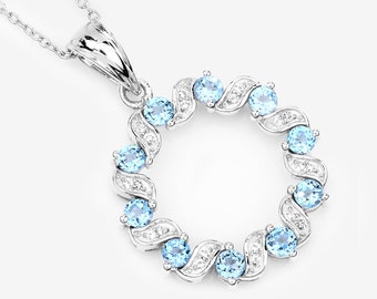 Swiss Blue Topaz Pendant, Wreath Design Natural Swiss Blue Topaz Silver Pendant Necklace for Women, December Birthstone Pendant Necklace
