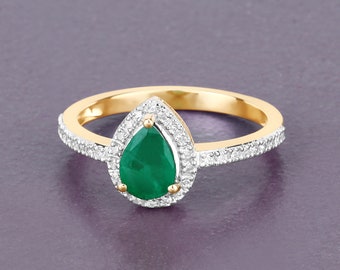 14K Gold Emerald Ring, Genuine Zambian Emerald Pear and Diamond 14k Yellow Gold Ring, Halo Emerald Statement Ring, Emerald Engagement Ring