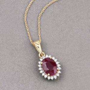 Ruby Halo Pendant, Genuine Ruby Oval and White Diamond 10K Yellow Gold Halo Pendant, July Birthstone, Ruby Dainty Pendant, Bridesmaid Gift