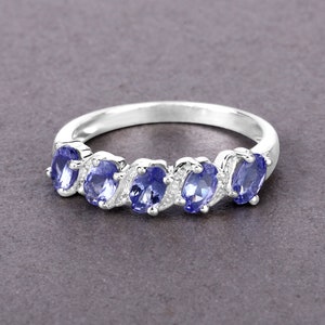 Tanzanite Ring, Natural 5-Stone Tanzanite Sterling Silver Ring with Rhodium Plating, for Women, December Birthstone