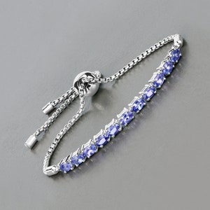 Tanzanite Bracelet, Natural Tanzanite Oval Bolo Bracelet in .925 Sterling Silver, Silver Tanzanite Bracelet for Women, December Birthstone
