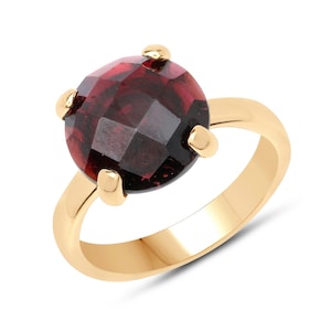 Garnet Ring Silver, Natural Red Garnet Checkerboard-Cut Solitaire Round Ring for Women in 925 Sterling Silver with 14K Yellow Gold Plating