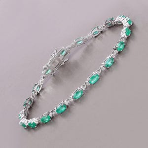 14k Gold Emerald Bracelet, Genuine Zambian Emerald and Diamond Gold Bracelet for Women, White Gold Emerald Tennis Bracelet, May Birthstone