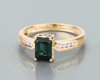 14K Gold Green Tourmaline Ring, Genuine Green Tourmaline and Diamond Yellow Gold Ring, Statement Ring, October Birthstone Ring, Wedding Ring