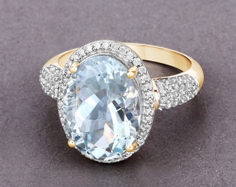 14k Gold Aquamarine Ring, Aquamarine and Diamond Halo Gold Ring, 14k Gold Rings for Women, 14k Gold Engagement Ring, March Birthstone Ring